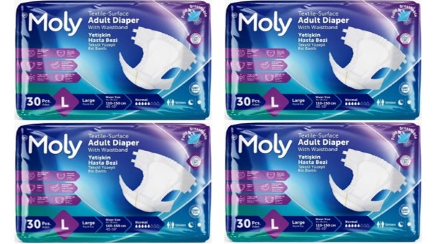 Moly Tekstil Yüzeyli Large Büyük Boy Belbantlı Hasta Bezi 30 lu 4 paket / 120 adet
