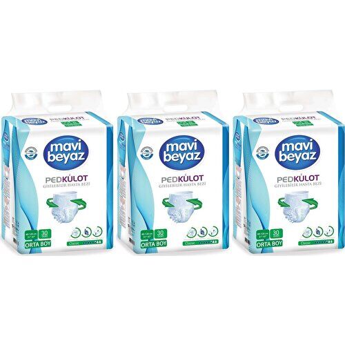 Mavi Beyaz Ped Külot Emici Orta Boy Medium 30'lu 3 paket / 90 adet