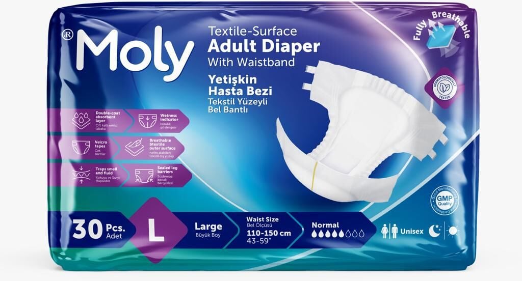 Moly Tekstil Yüzeyli Large Büyük Boy Belbantlı Hasta Bezi 30 lu paket