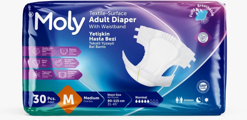 Moly Tekstil Yüzeyli Medium Orta Boy Belbantlı Hasta Bezi 30 lu paket
